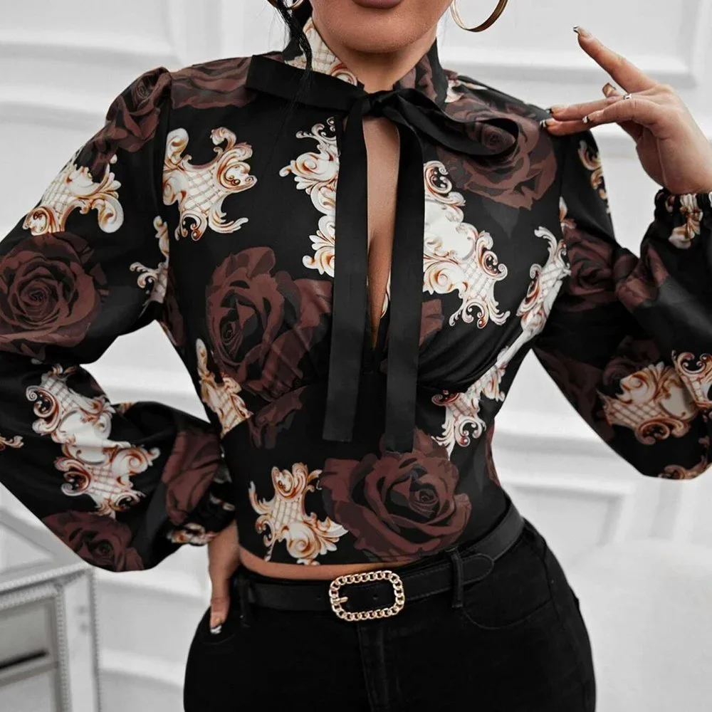 FloralLantern Sleeve Tie Neck Blouse - Picture 4 of 5